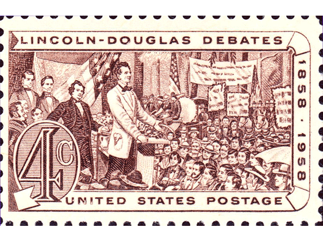 A depiction of the famous debate between Stephen Douglas and Abraham Lincoln. (U.S. government, Post Office postage stamp by Gwillhickers. Licensed under Public domain via Wikimedia Commons)